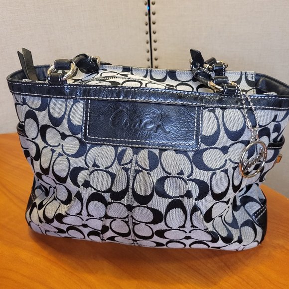 Coach Handbags - Coach Gray & Black Monogram Leather Shoulder Bag